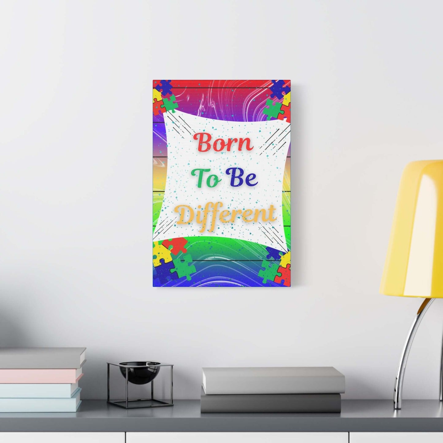 Born To Be Different Canvas Wall Art — Colorful Autism Awareness Puzzle Print