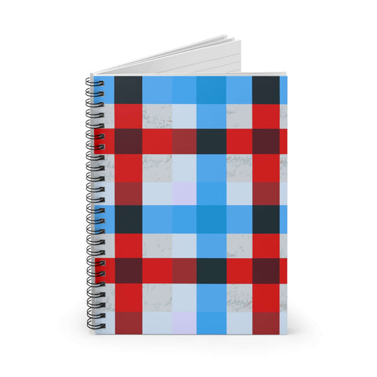 Red & Blue Plaid Spiral Notebook featuring a bold plaid design and metal spiral binding for easy writing.
