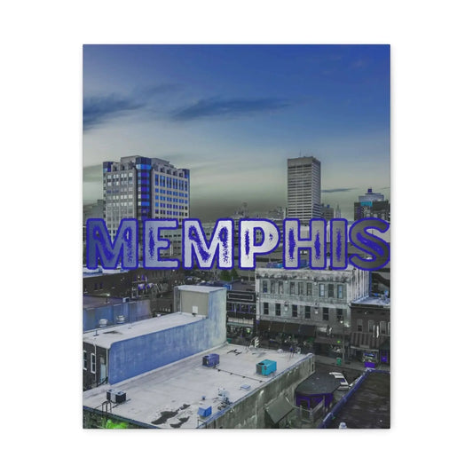 Memphis City Skyline Wall Art Stretched Canvas Vertical 12 by 16 and 16 by 20 Inches Neon Blue Lettering Twilight Sky - One OF One CreaXtions