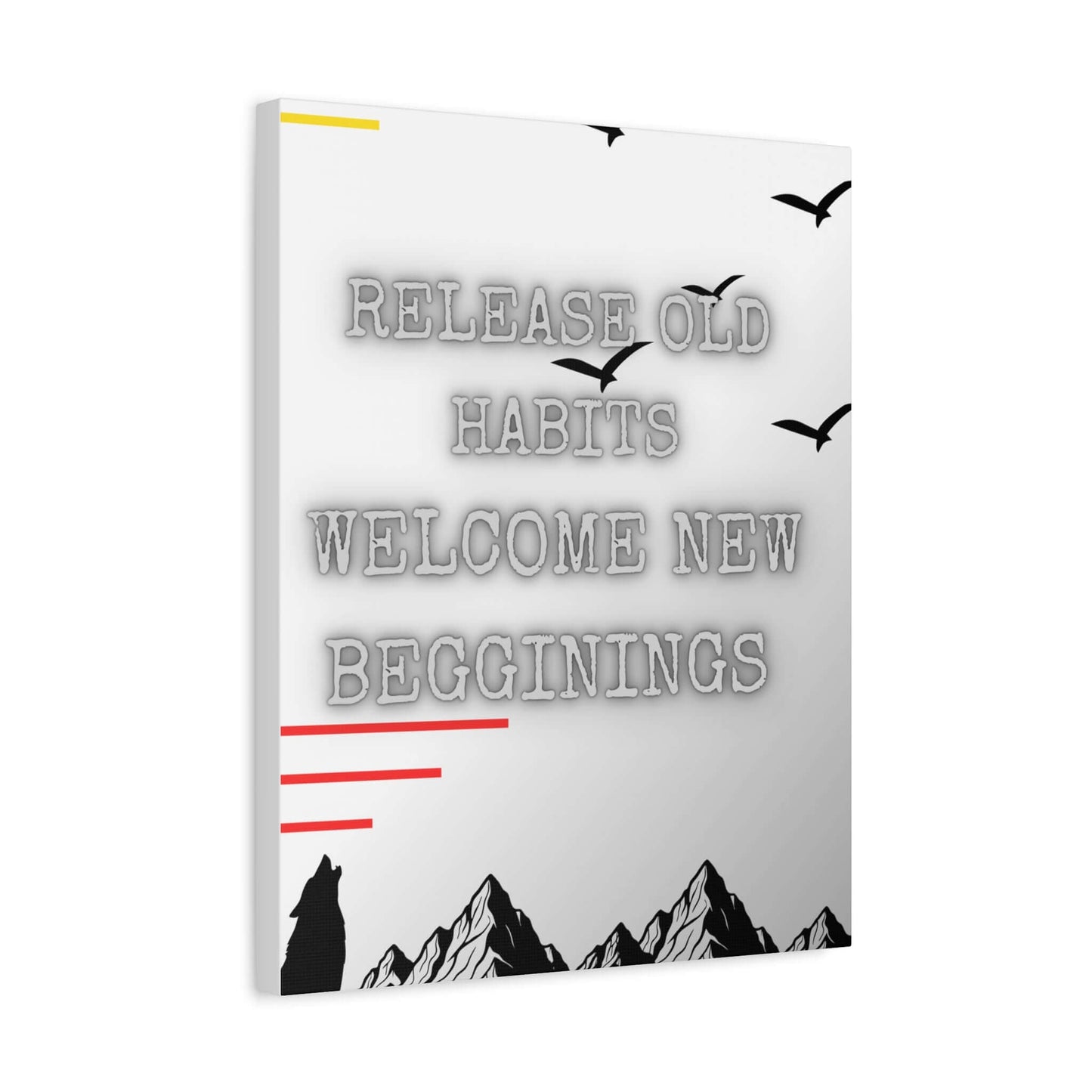 Motivational canvas art print featuring soft grayscale mountains and birds with the phrase 'RELEASE OLD HABITS WELCOME NEW BEGINNINGS'.