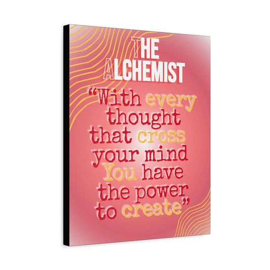 Inspirational quote canvas wall art featuring the quote from The Alchemist on a coral-pink background.