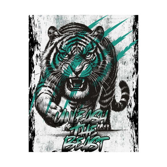 Powerful tiger wall art poster with Unleash the Beast quote