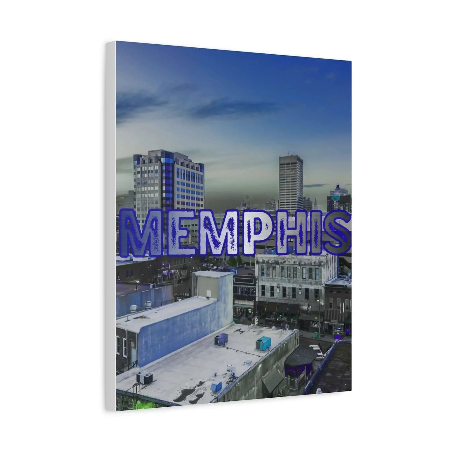 Memphis City Skyline Wall Art Stretched Canvas Vertical 12 by 16 and 16 by 20 Inches Neon Blue Lettering Twilight Sky - One OF One CreaXtions
