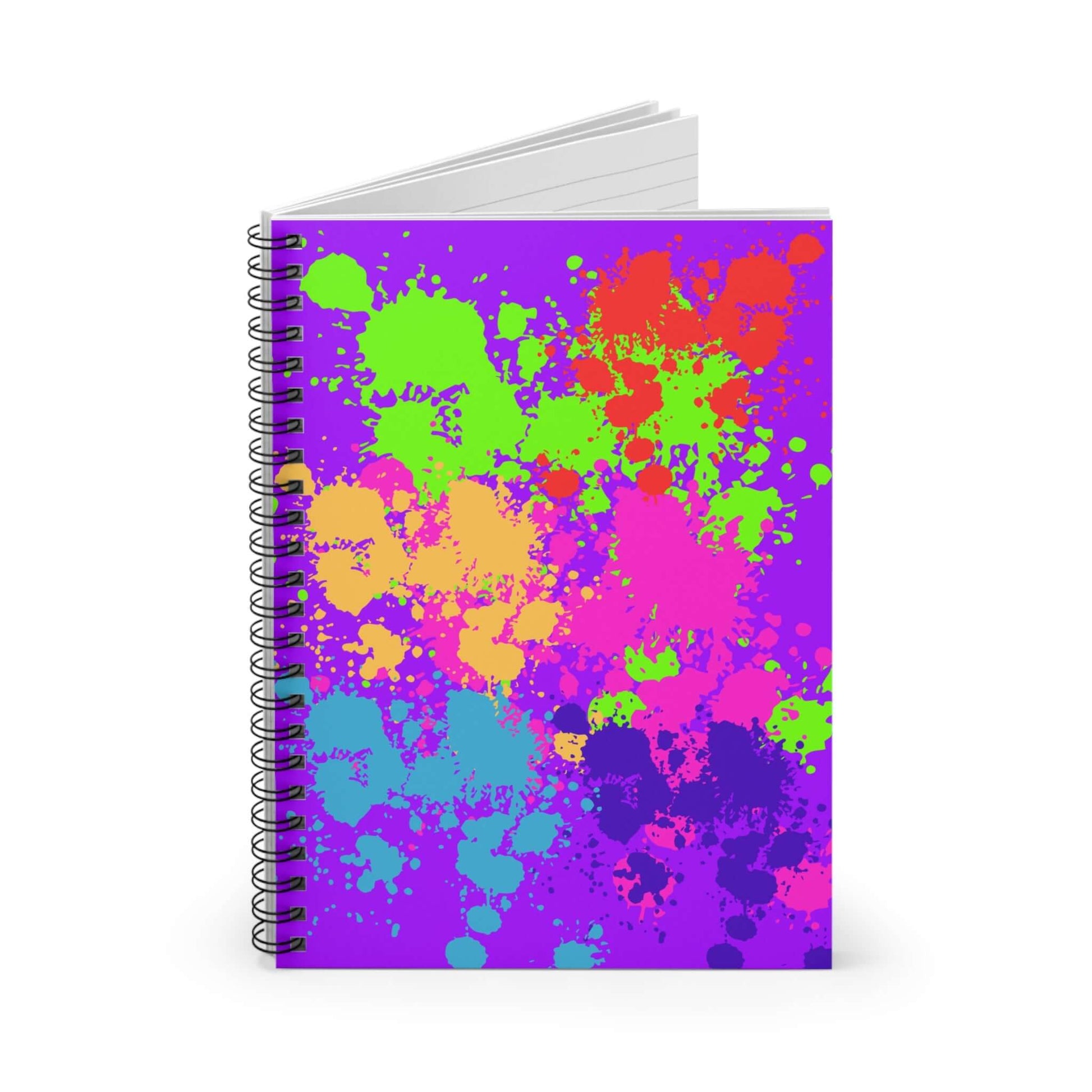 Neon Paint Splatter Notebook showcasing a vibrant, colorful cover with paint splashes on a purple background.