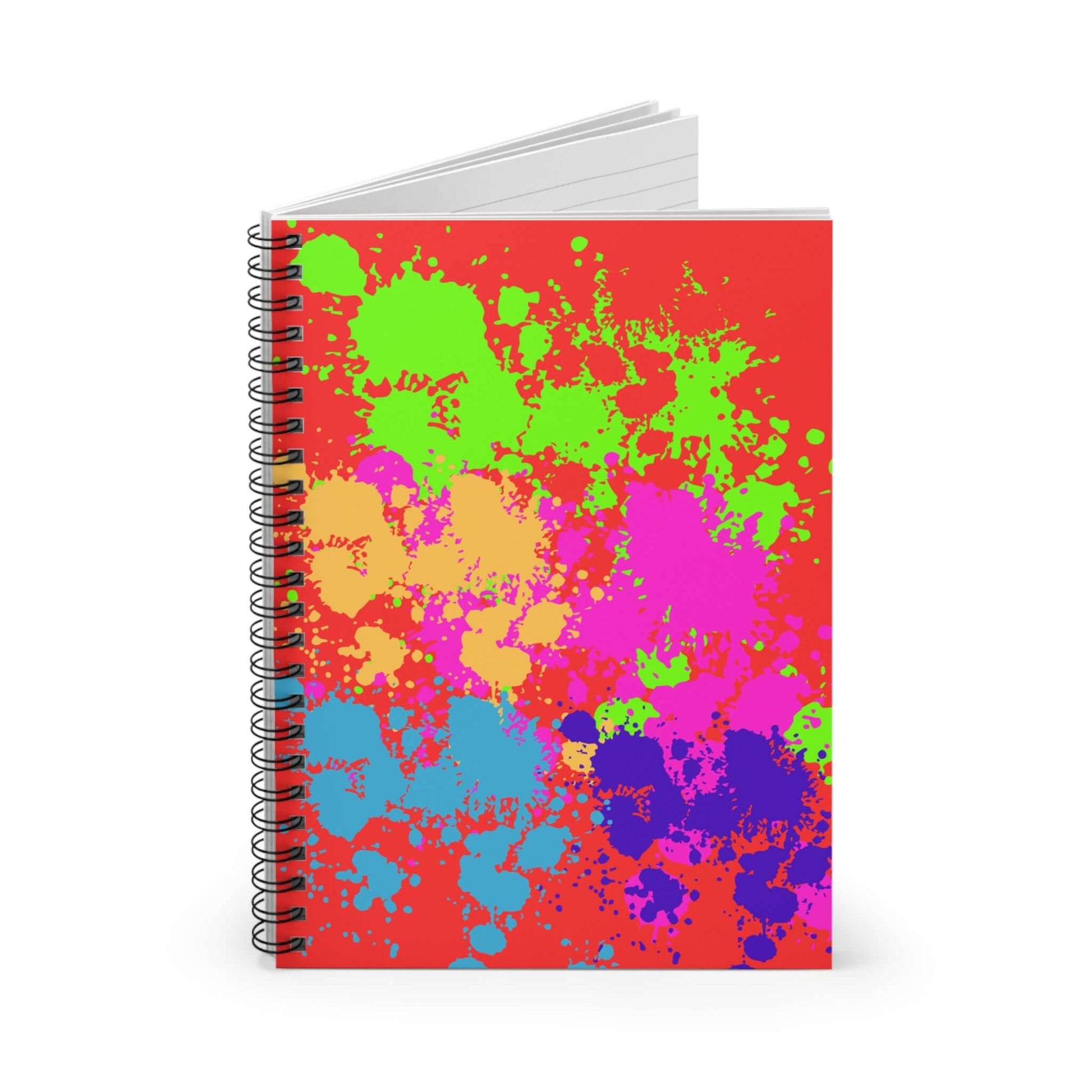 Neon Paint Splatter Notebook with bright neon paint splatters on a bold red background, perfect for notes and lists.