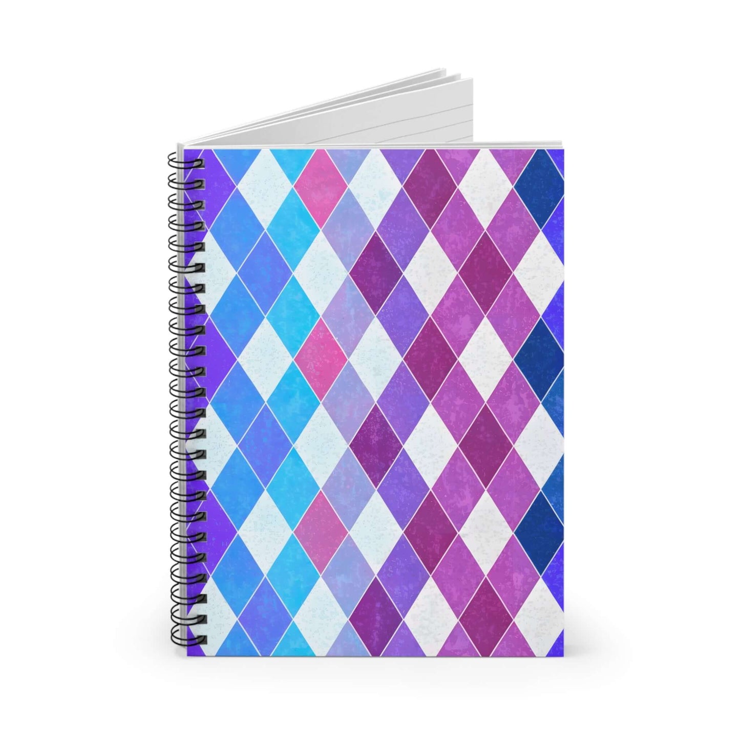 Argyle violet spiral notebook featuring geometric blue, pink, and purple diamonds for school and notes.