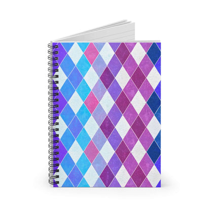 Argyle violet spiral notebook featuring geometric blue, pink, and purple diamonds for school and notes.