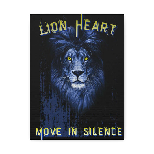 Lion Heart Move in Silence canvas art featuring a striking lion portrait on a dark background.