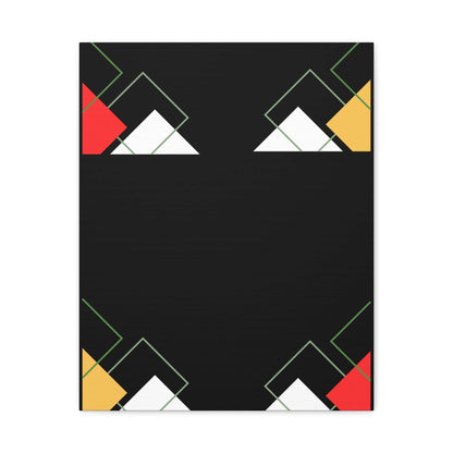 Modern black abstract wall art featuring geometric shapes in red, white, yellow, and green on a deep black background.