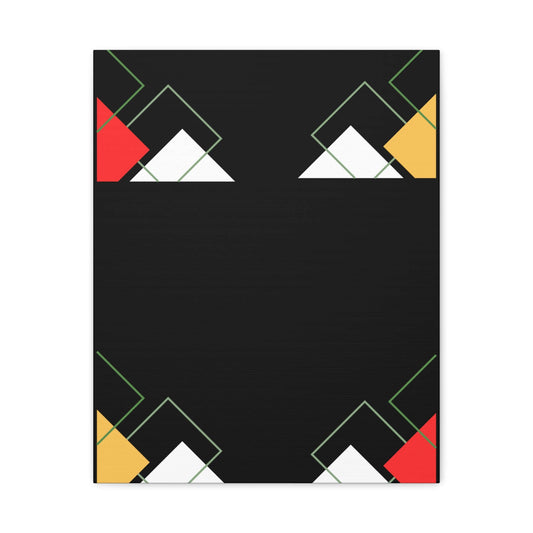 Modern black abstract wall art featuring geometric shapes in red, white, yellow, and green on a deep black background.