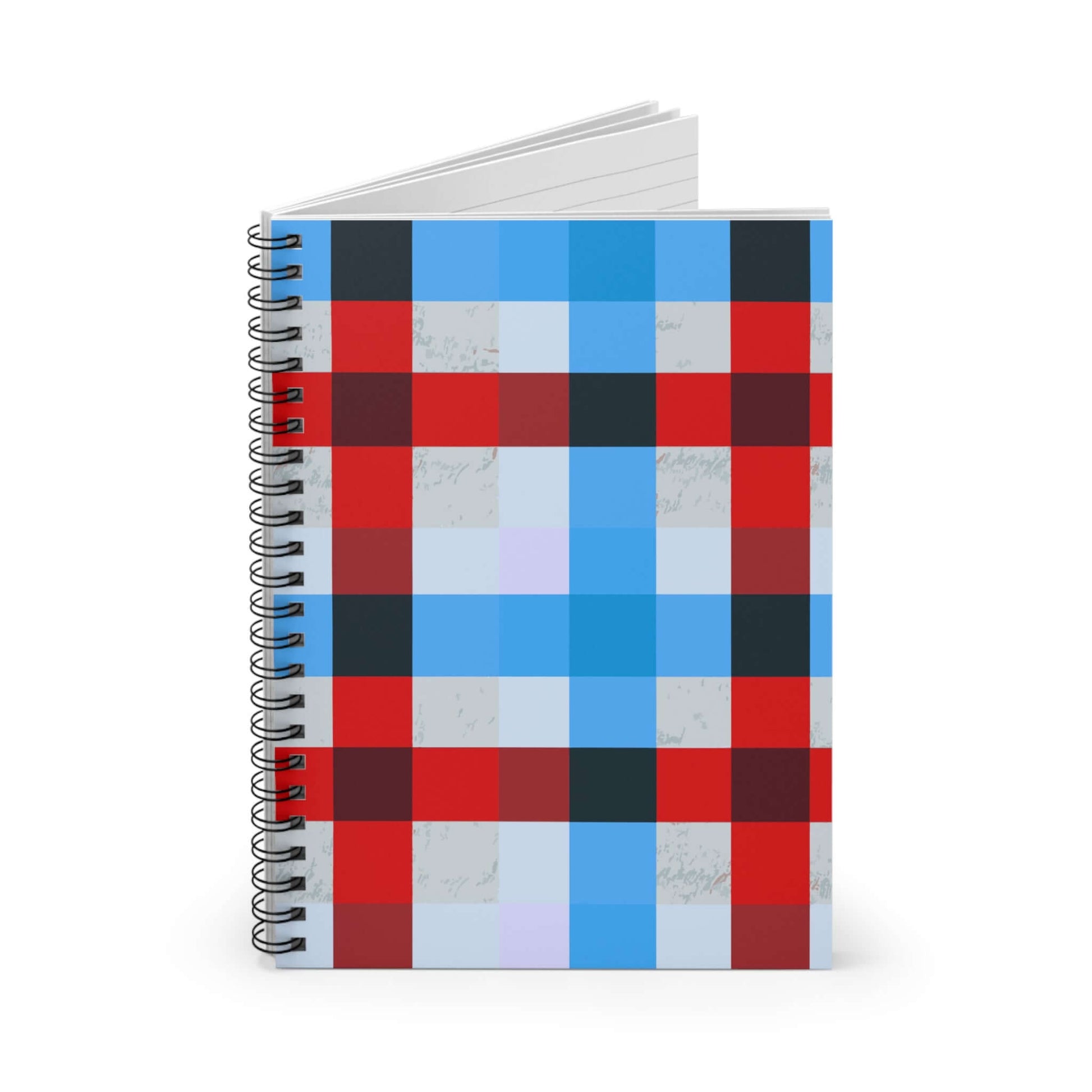 Red & Blue Plaid Spiral Notebook featuring a bold plaid design and metal spiral binding for easy writing.