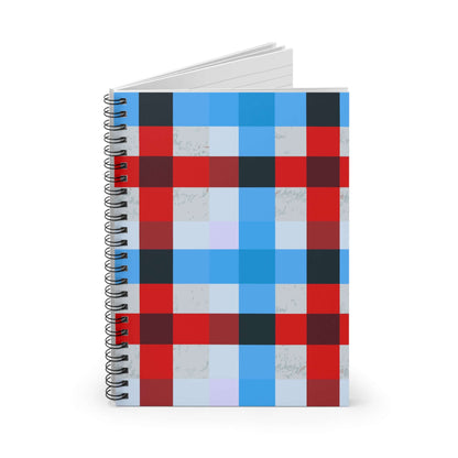 Red & Blue Plaid Spiral Notebook featuring a bold plaid design and metal spiral binding for easy writing.
