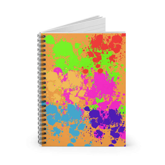 Bright paint splatter spiral notebook featuring vibrant colors and a playful splatter design.