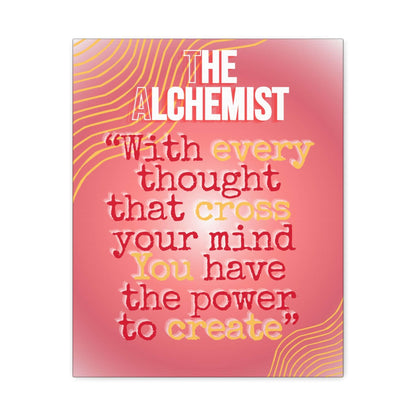 Inspirational quote canvas wall art featuring text from The Alchemist with a coral-pink background.
