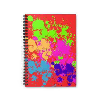 Neon Paint Splatter Notebook featuring vibrant paint splashes on a bold red background, perfect for colorful note-taking.