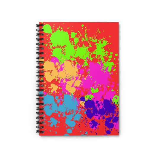 Neon Paint Splatter Notebook featuring vibrant paint splashes on a bold red background, perfect for colorful note-taking.