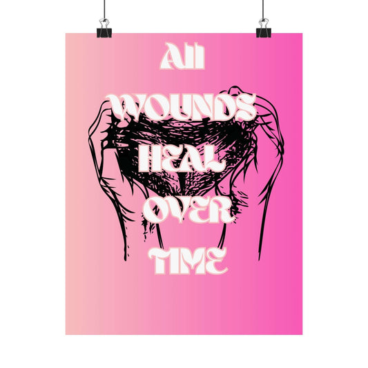 Motivational healing poster featuring the phrase 'All Wounds Heal Over Time' with artistic hands on a pink gradient background.