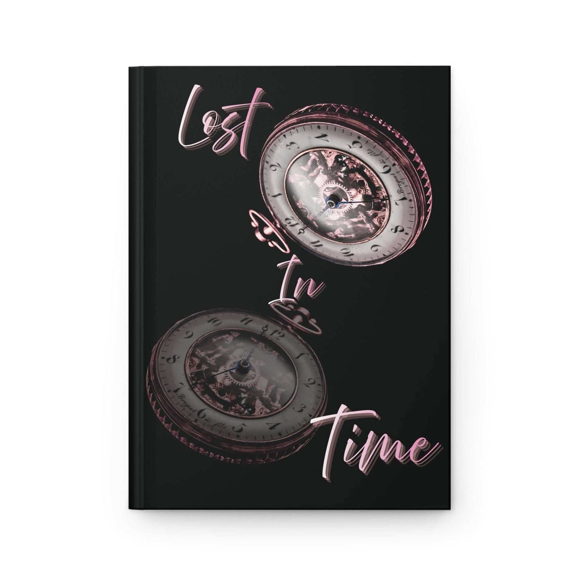 Cover of the Lost in Time hardcover journal featuring vintage clocks on a black background.