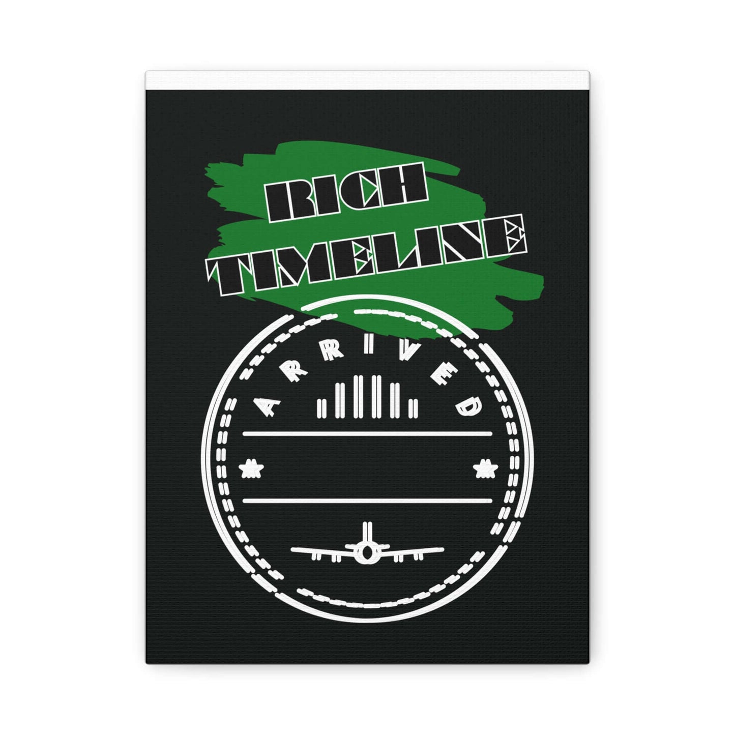 Rich Timeline Canvas Art featuring the word 'ARRIVED' and an airplane graphic on a black background.