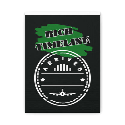 Rich Timeline Canvas Art featuring the word 'ARRIVED' and an airplane graphic on a black background.