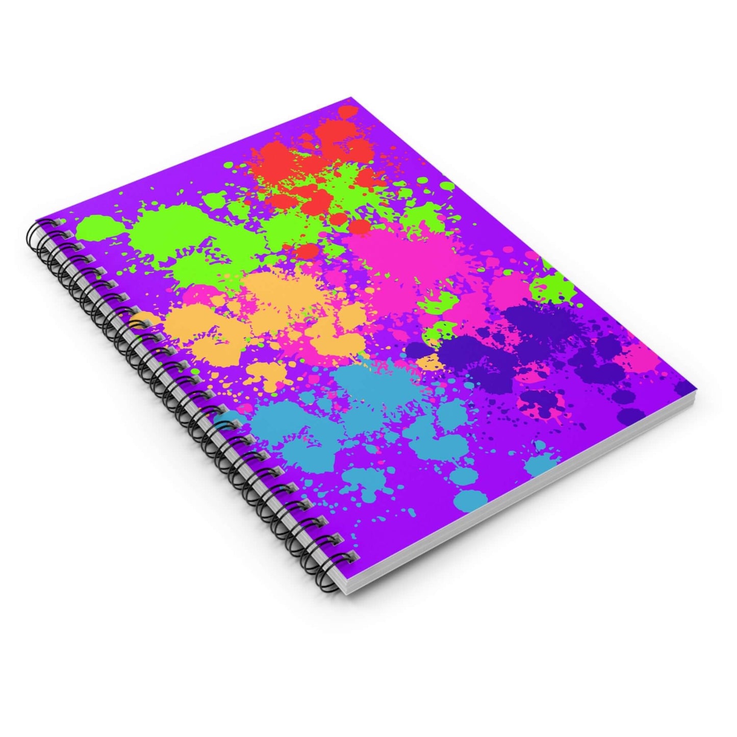 Neon Paint Splatter Notebook with colorful paint splashes on a purple cover, ideal for school and notes.