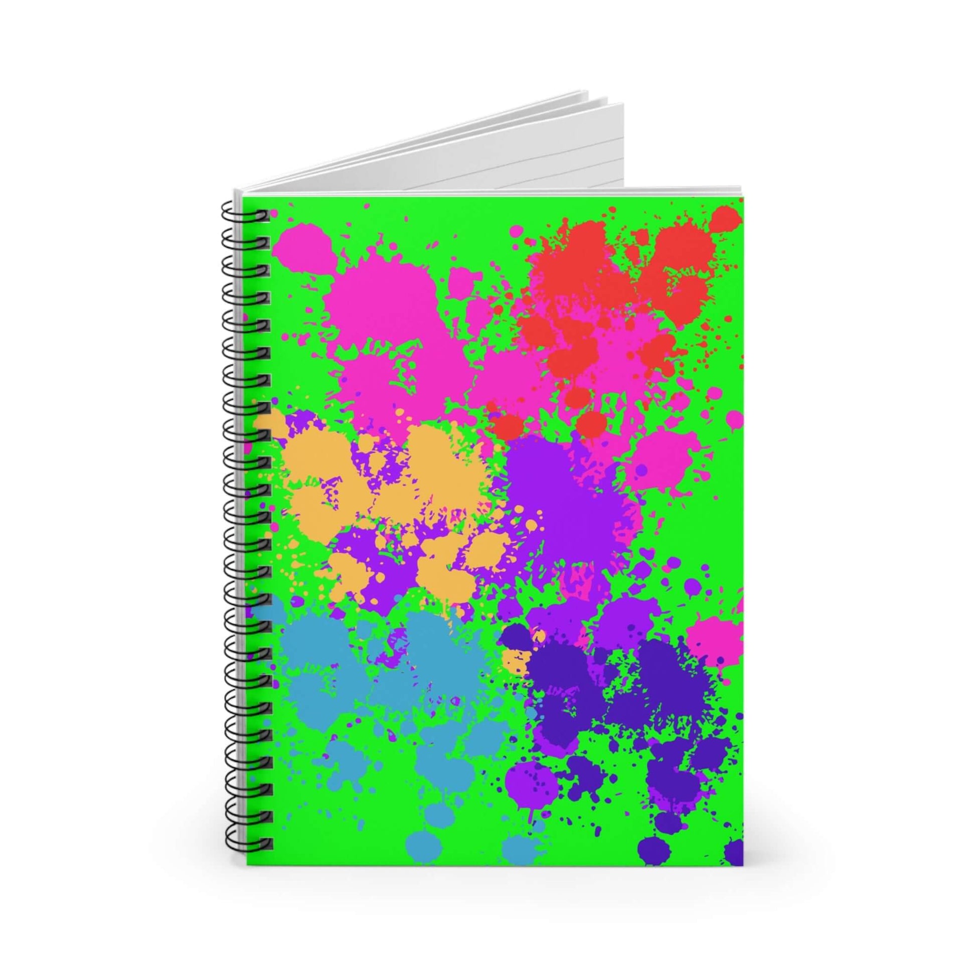 Vibrant neon paint splatter notebook with colorful splashes on green cover, perfect for students and artists.
