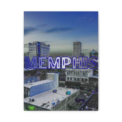 Memphis city skyline wall art featuring a vibrant text overlay of "Memphis" on a cityscape.