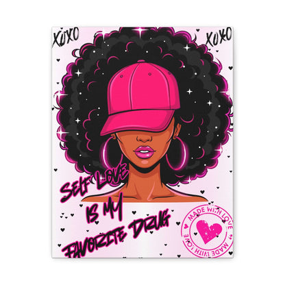 Self-Love Afro Chic Matte Canvas Wall Art featuring a woman with an afro and a pink cap. Afro chic wall art design.