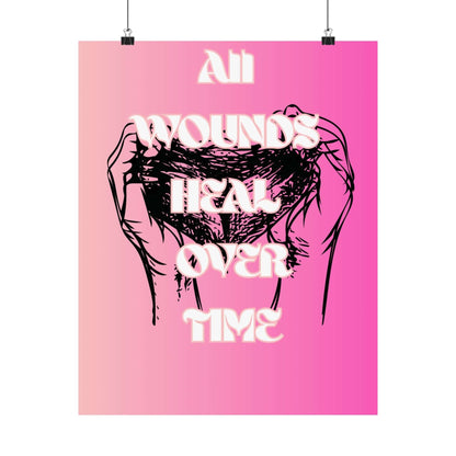 Motivational healing poster with the quote 'All wounds heal over time' on a pink background.