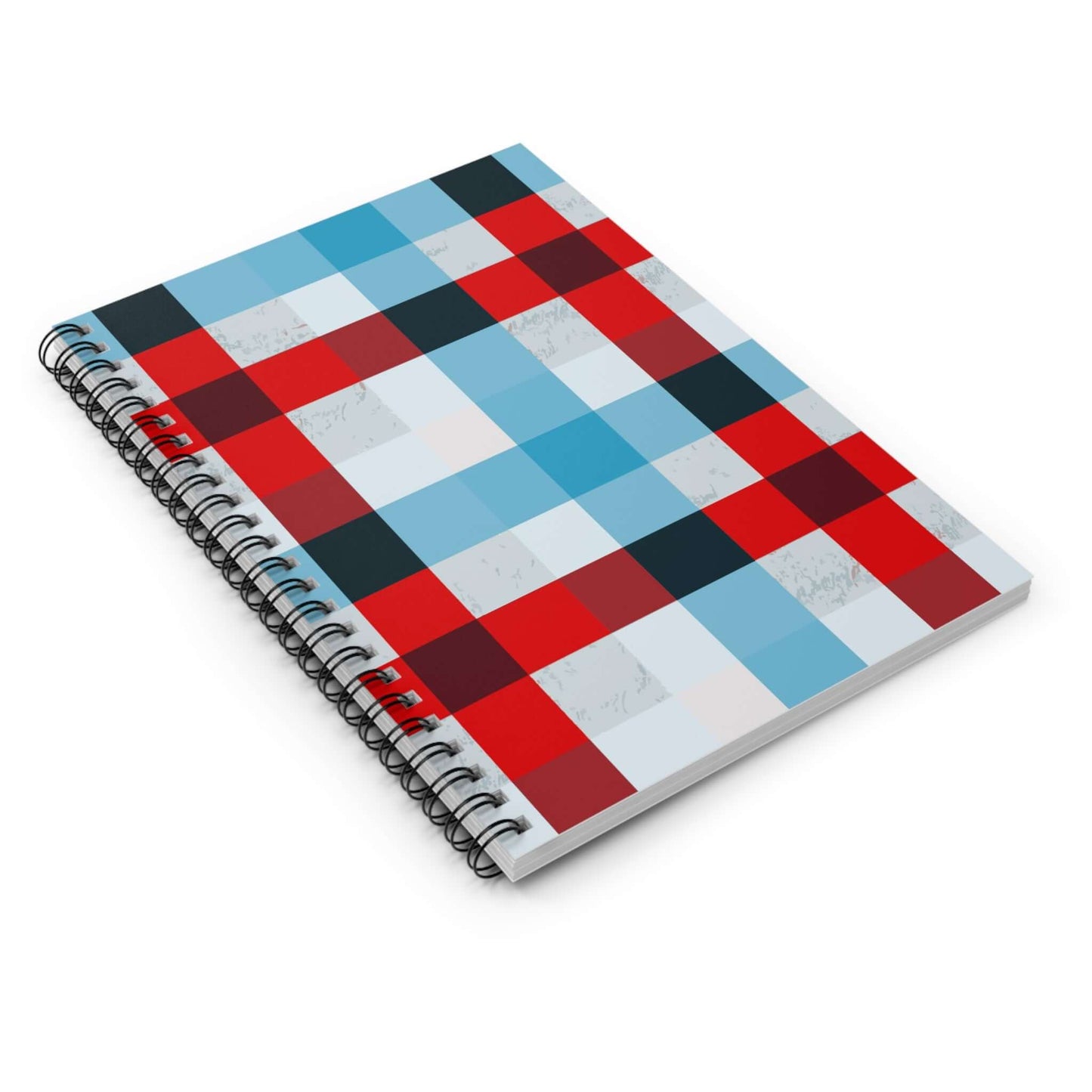 Plaid Spiral Notebook showcasing a red and blue checked pattern, perfect for writing notes and sketches.