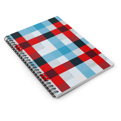 Plaid Spiral Notebook showcasing a red and blue checked pattern, perfect for writing notes and sketches.