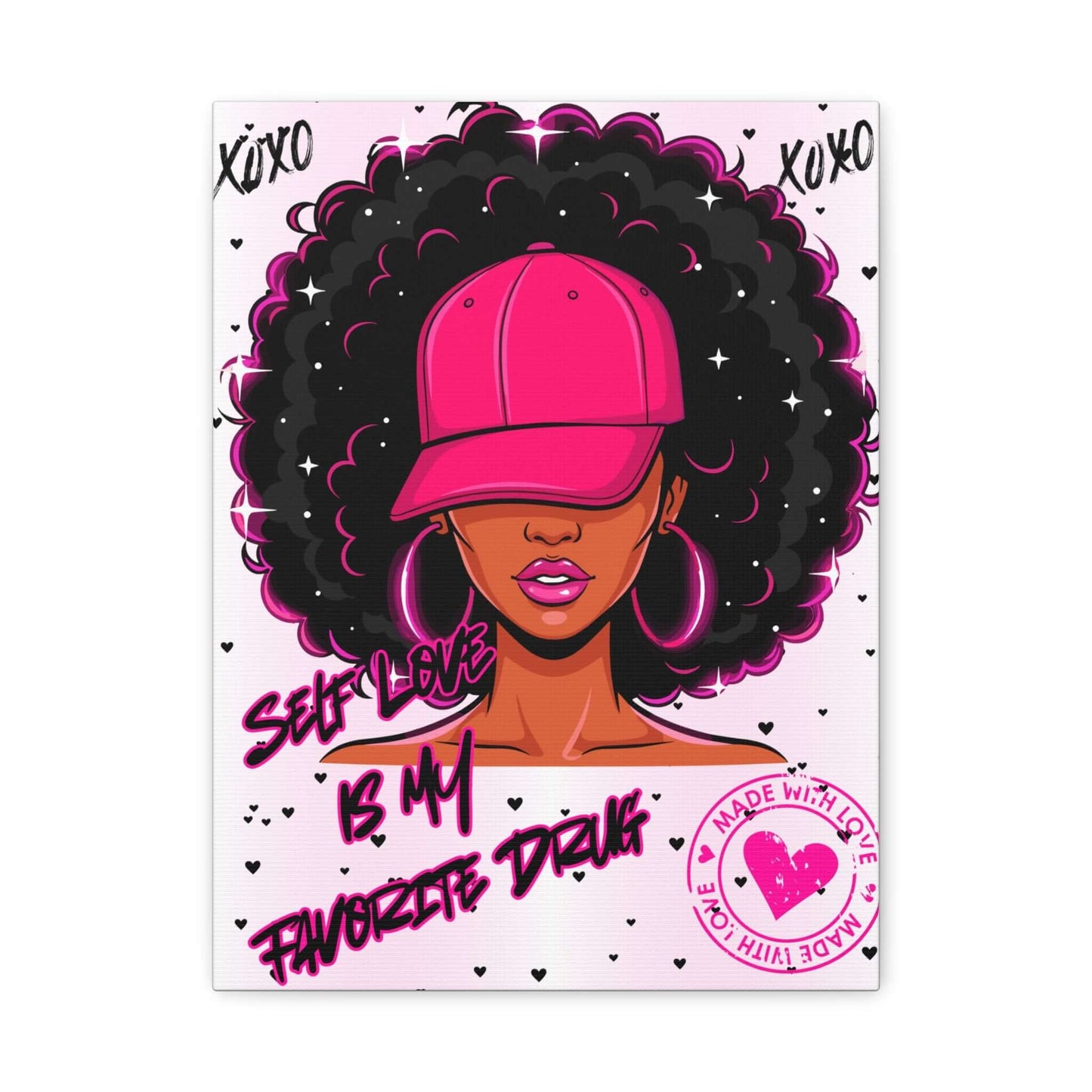 Self-Love Afro Chic Matte Canvas Wall Art featuring text 'Self Love Is My Favorite Drink' in vibrant colors, afro chic wall art.