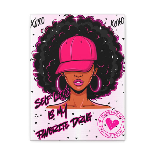 Self-Love Afro Chic Matte Canvas Wall Art featuring text 'Self Love Is My Favorite Drink' in vibrant colors, afro chic wall art.