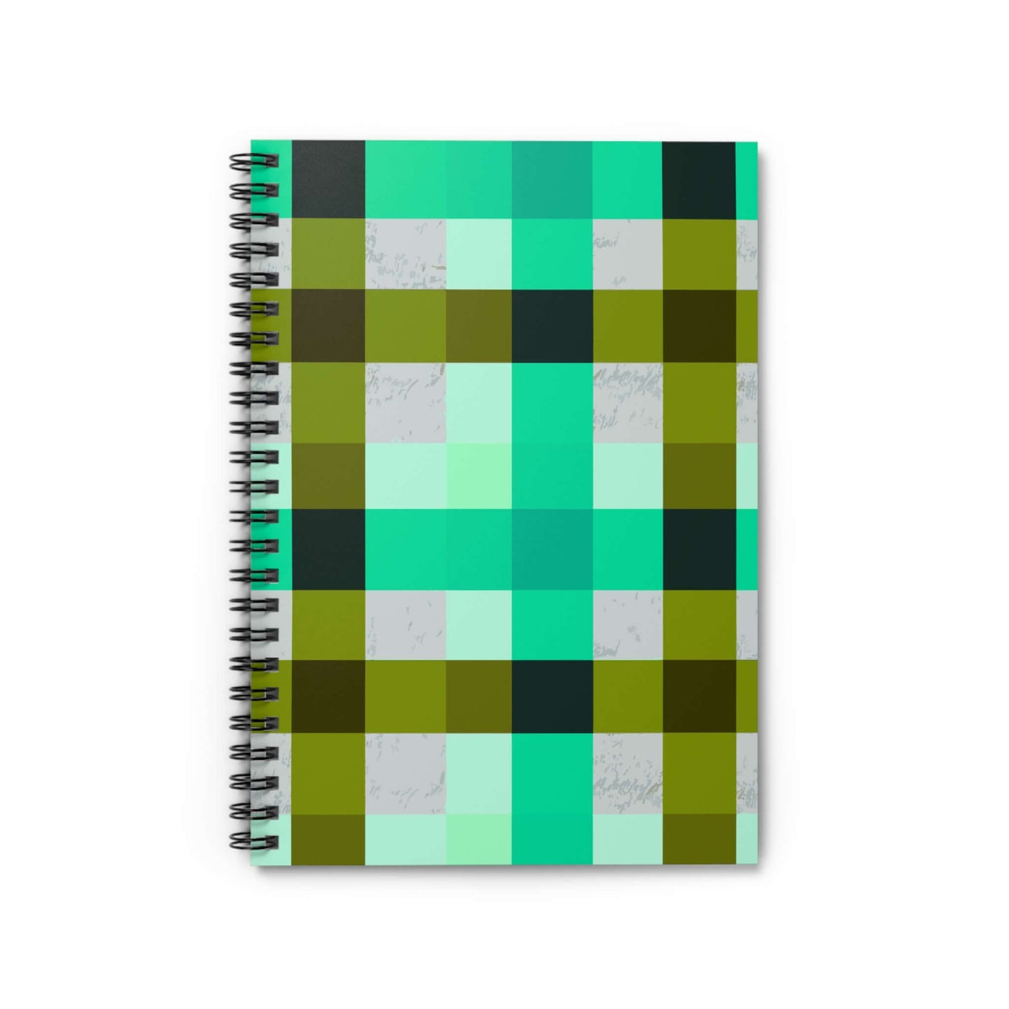 Turquoise plaid spiral notebook showing a modern design with cool teals and olive tones, perfect for school and notes.