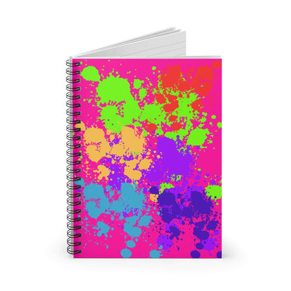 Neon Paint Splatter Notebook featuring bright, colorful paint splashes on its cover, perfect for notes and sketches.