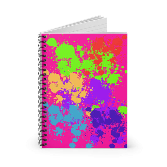 Neon Paint Splatter Notebook featuring bright, colorful paint splashes on its cover, perfect for notes and sketches.
