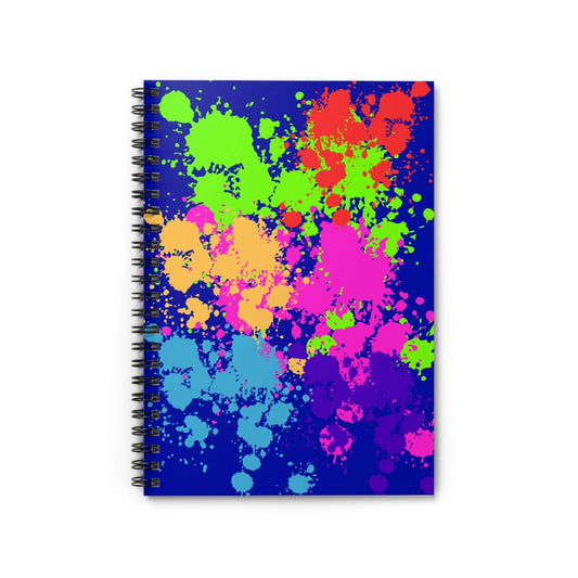 Neon Paint Splatter Notebook with colorful paint splashes on a deep indigo background, perfect for creative notetaking.