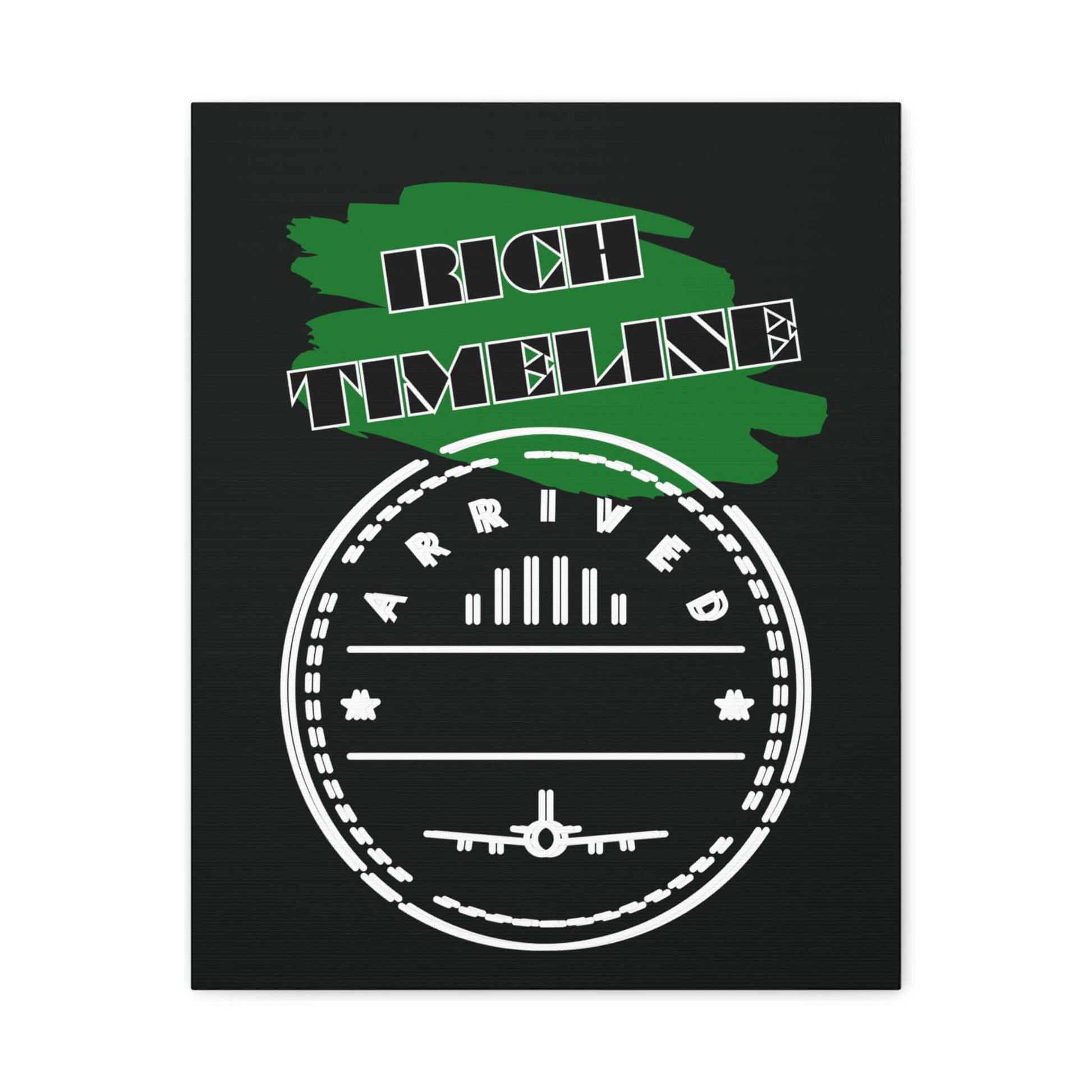Rich Timeline Canvas Art featuring the word 'Arrived' with a stylized airplane design in white and green on a black background.