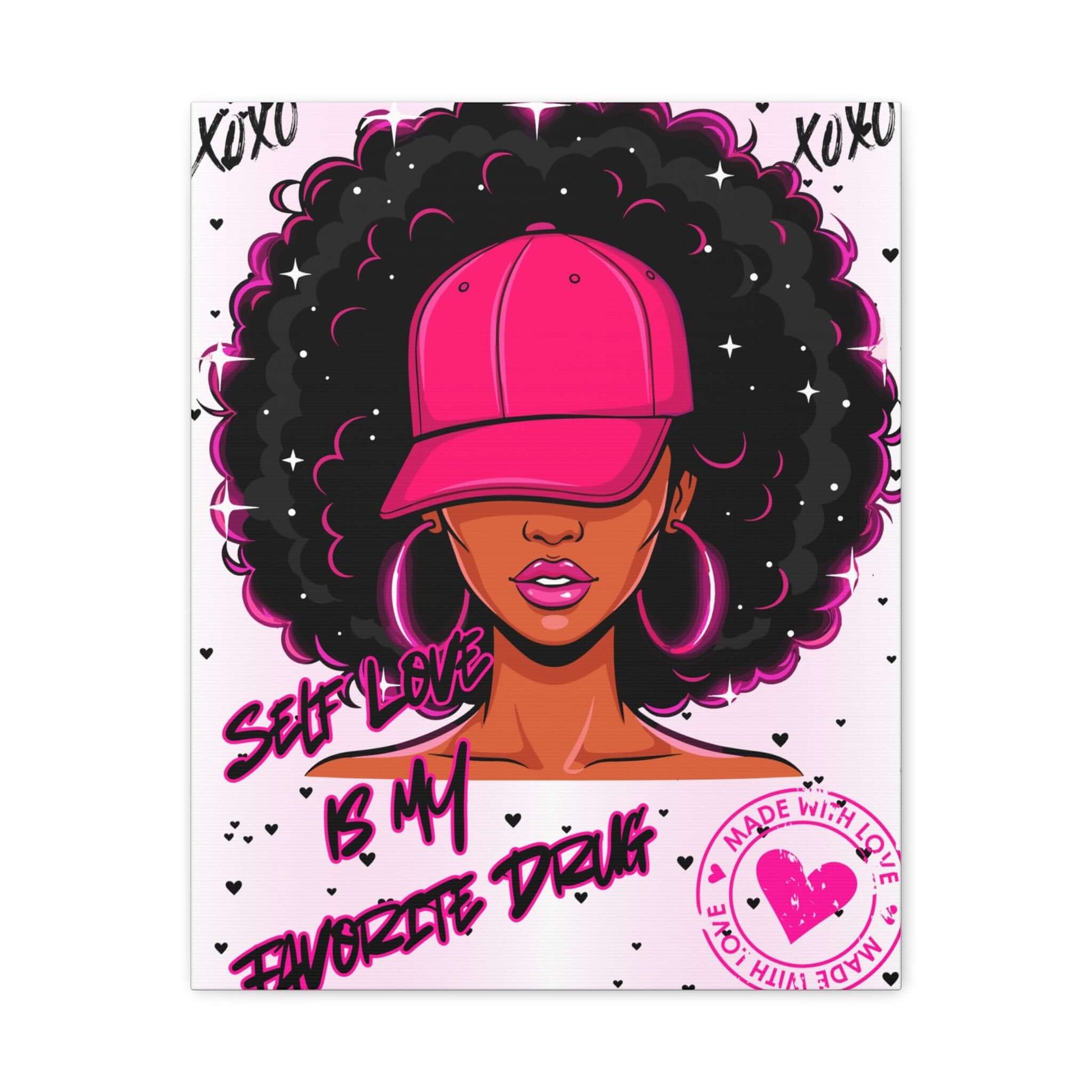 Self-Love Afro Chic Matte Canvas Wall Art featuring a woman with an afro and text "Self Love Is My Favorite Drink" in vibrant colors.