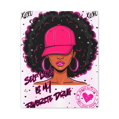 Self-Love Afro Chic Matte Canvas Wall Art featuring a woman with an afro and text "Self Love Is My Favorite Drink" in vibrant colors.