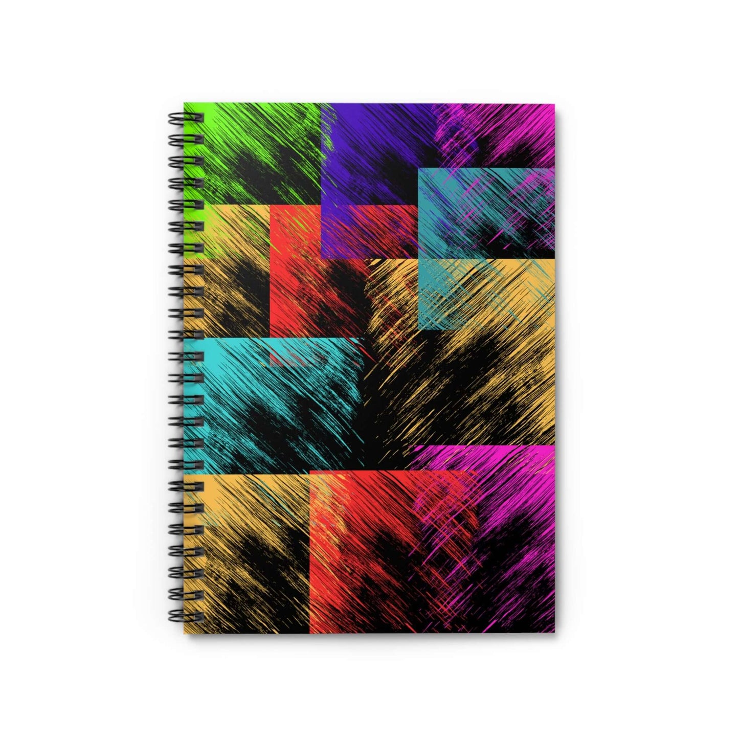 Colorblock Spiral Notebook for Students featuring vibrant colors on a brushed dark background.