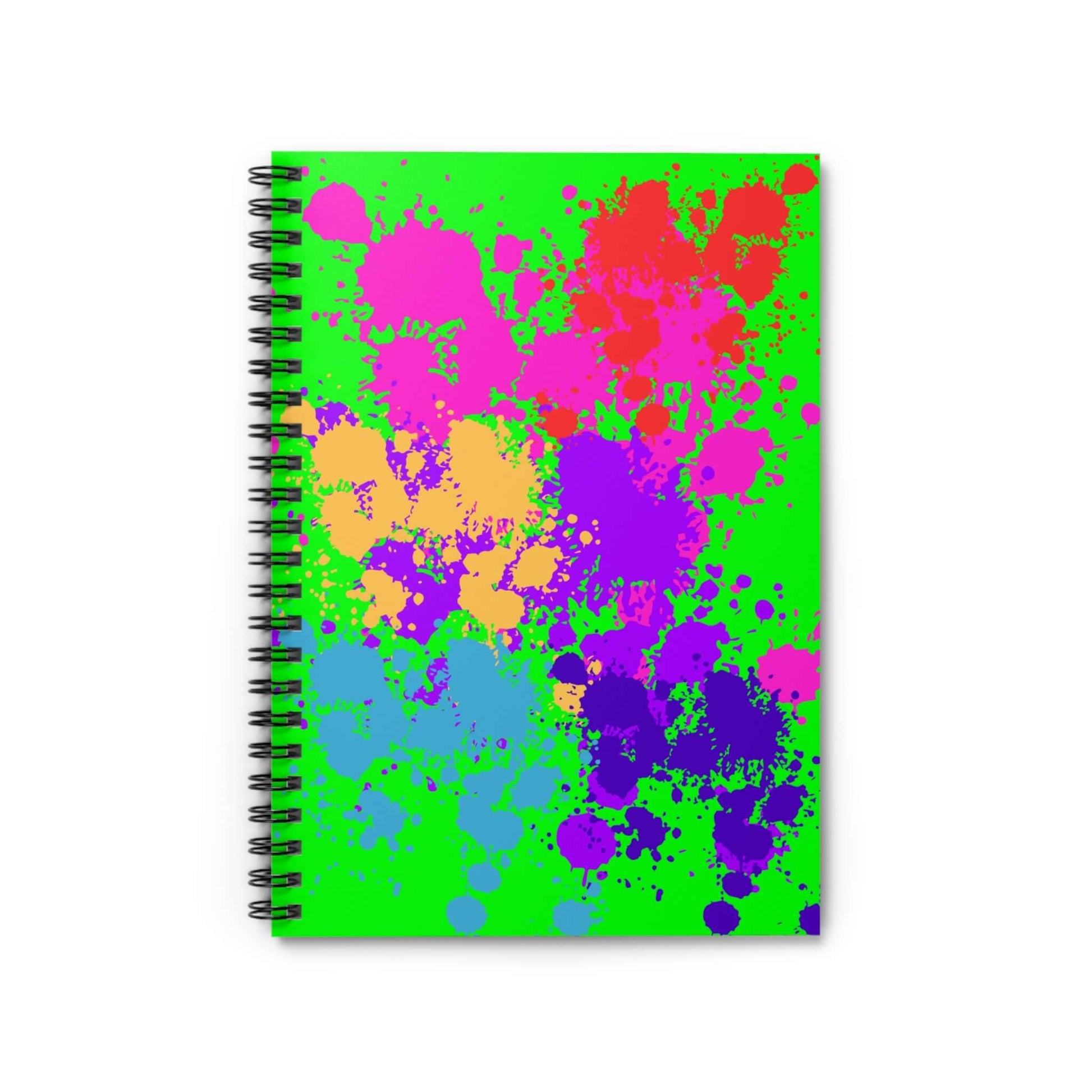 Neon Paint Splatter Notebook featuring vibrant neon green cover with colorful paint splatters for creative expression.