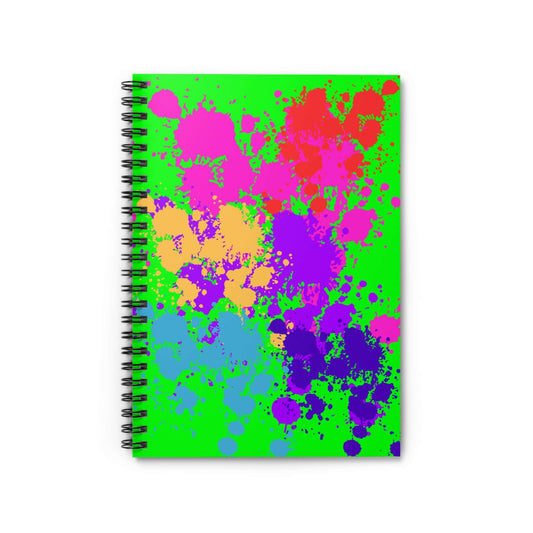 Neon Paint Splatter Notebook featuring vibrant neon green cover with colorful paint splatters for creative expression.