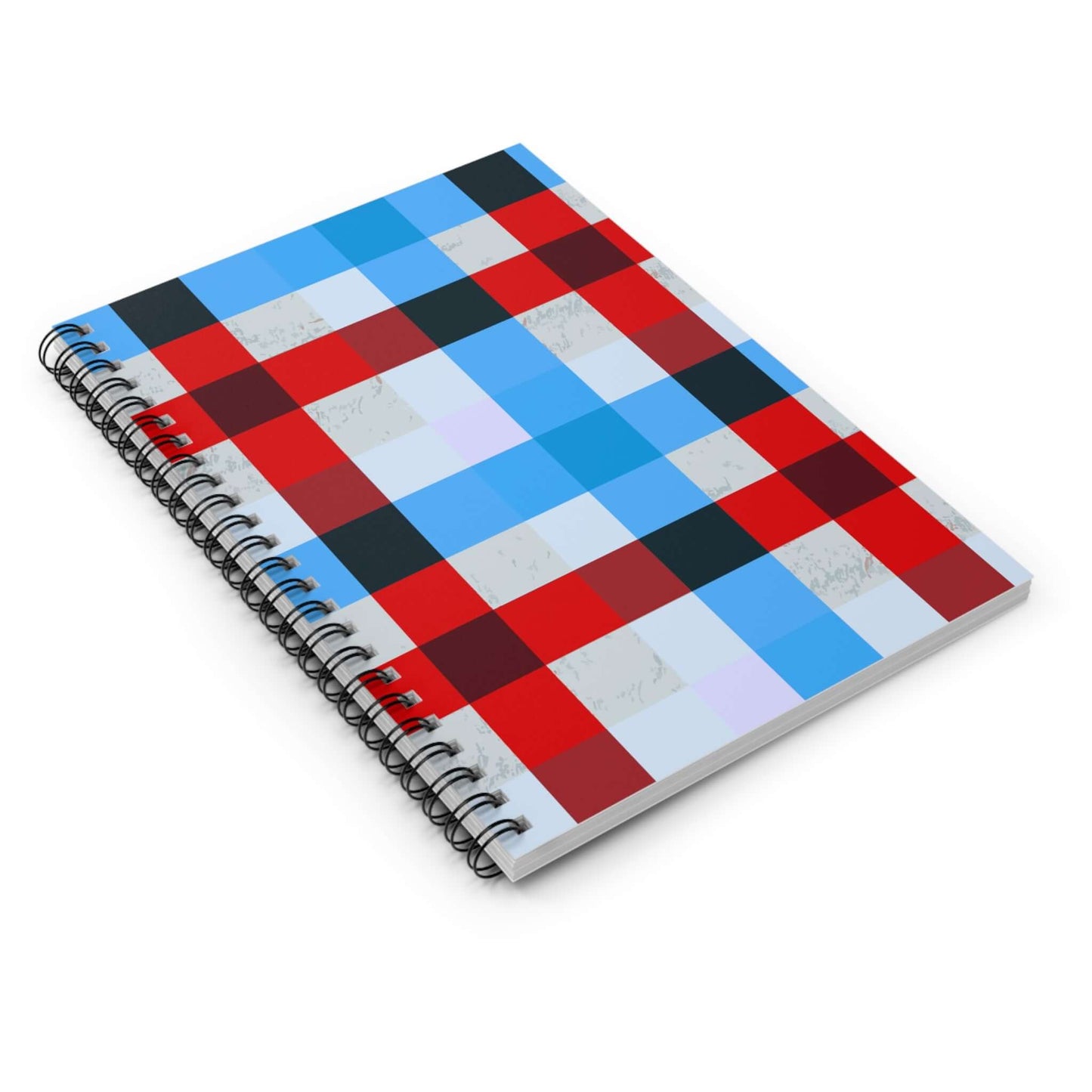 Red & Blue Plaid Spiral Notebook with compact design and metal spiral binding for easy writing on the go.