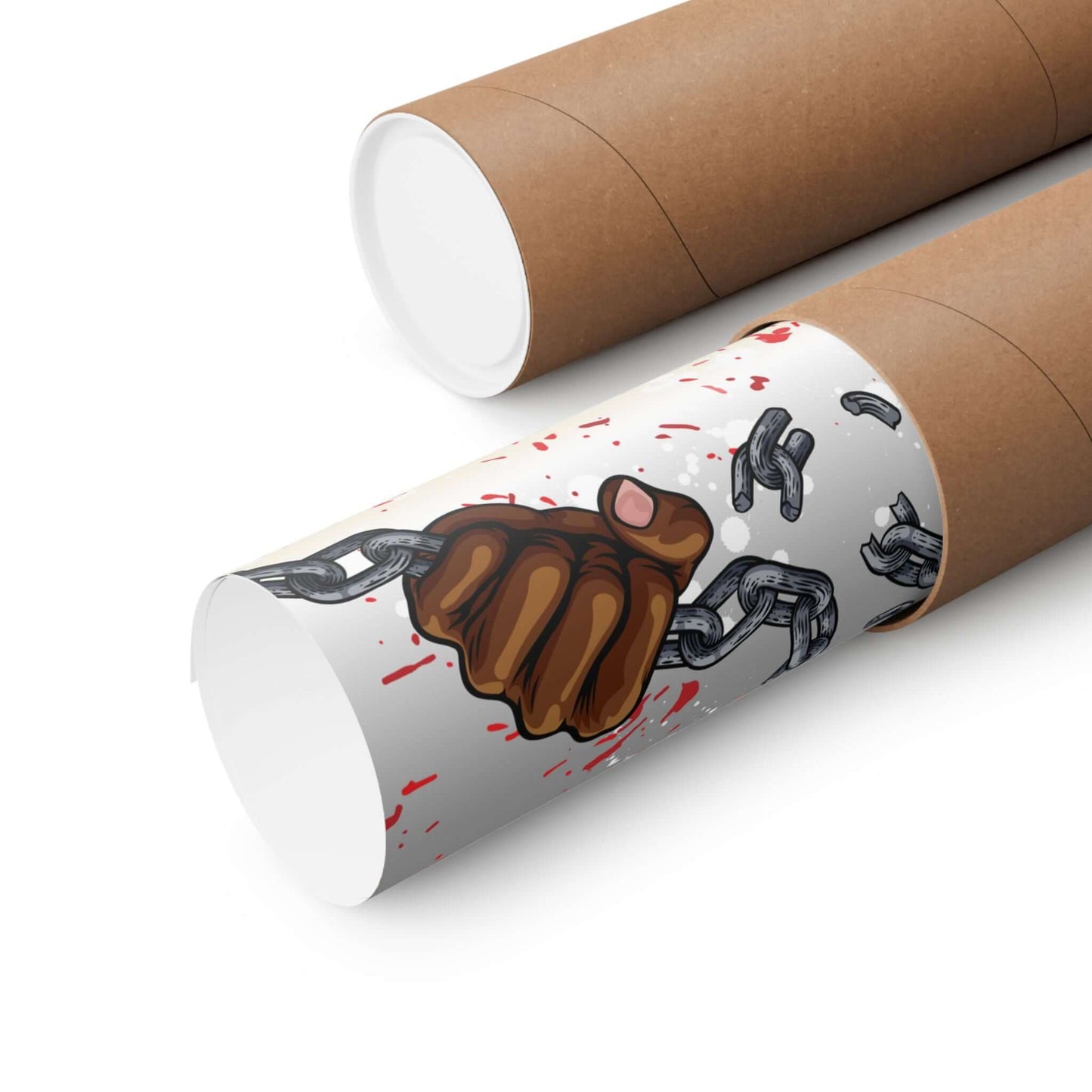 Freedom Wall Art Poster featuring a clenched fist breaking chains, symbolizing liberation and strength.