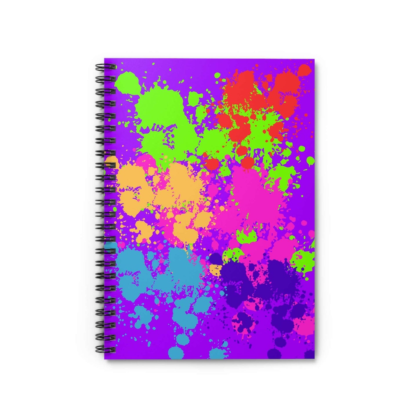 Neon Paint Splatter Notebook with vibrant paint splashes on purple background, ideal for school and notes.