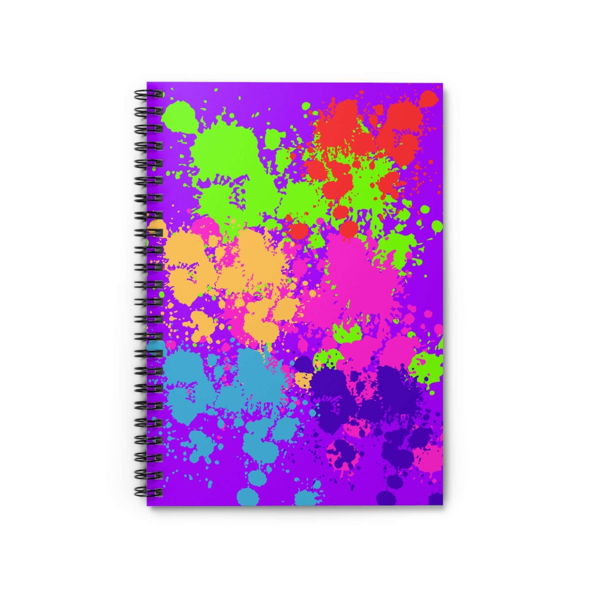 Neon Paint Splatter Notebook with vibrant paint splashes on purple background, ideal for school and notes.