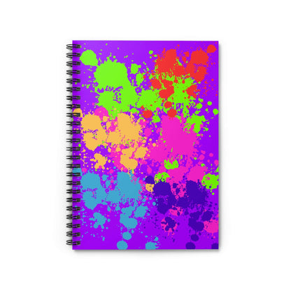 Neon Paint Splatter Notebook with vibrant paint splashes on purple background, ideal for school and notes.