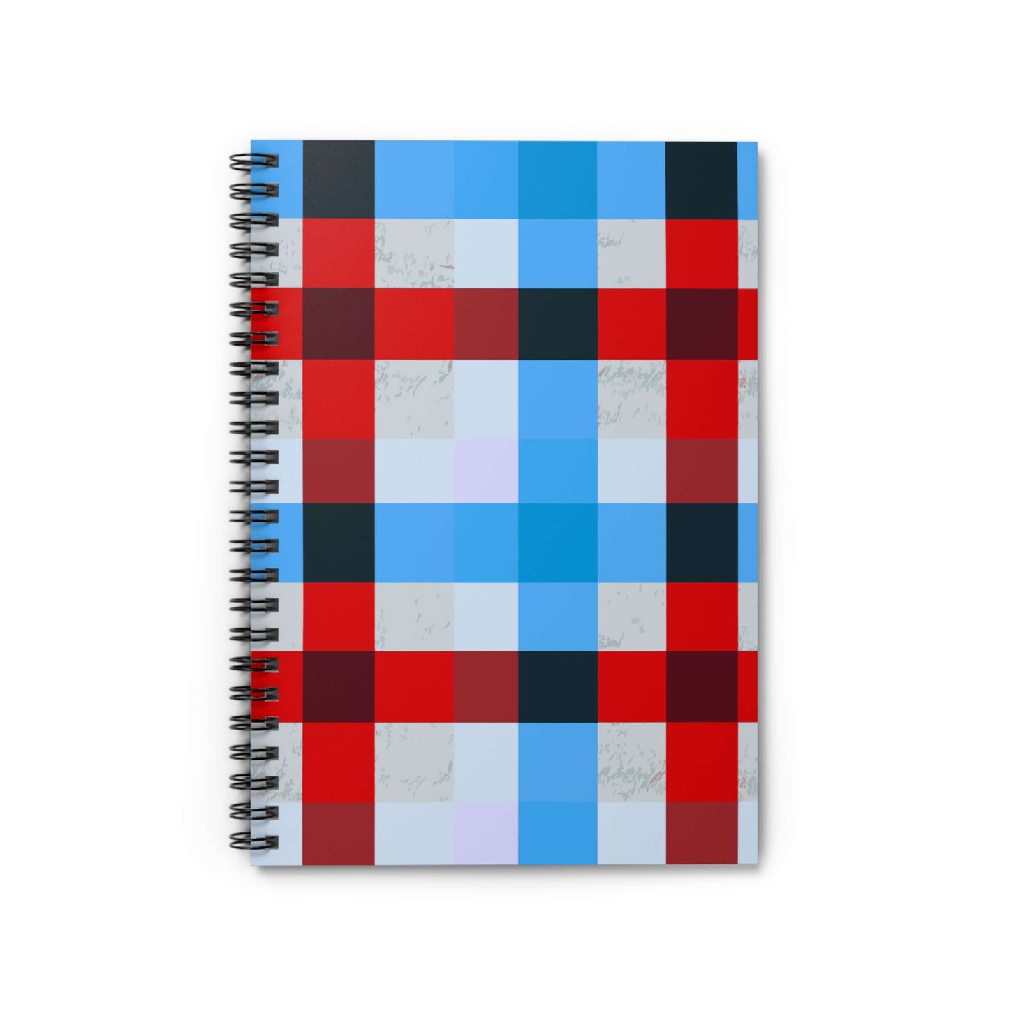 Red & Blue Plaid Spiral Notebook with compact design and metal spiral binding for easy writing on the go.
