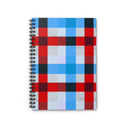 Red & Blue Plaid Spiral Notebook with compact design and metal spiral binding for easy writing on the go.